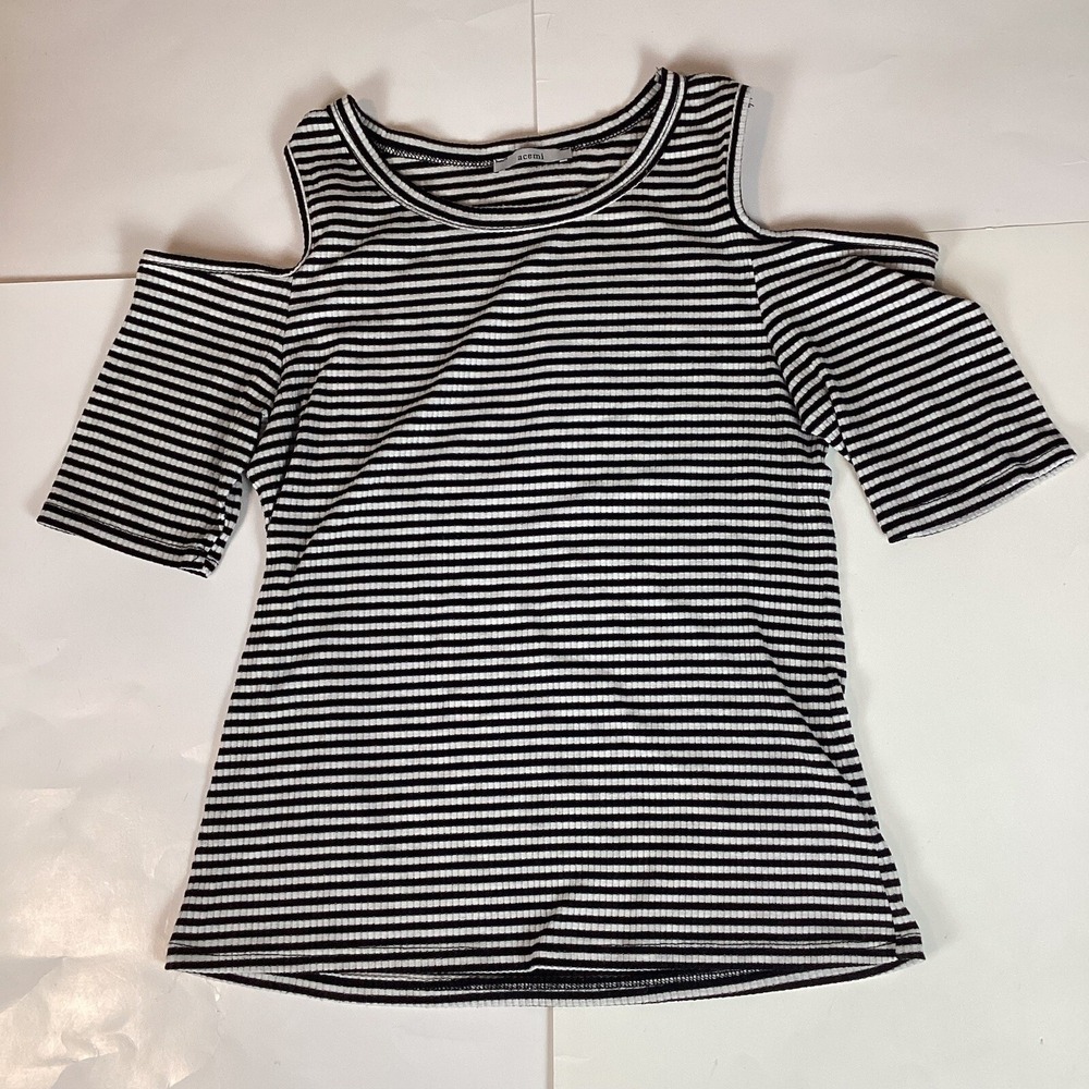 Acemi Womens Blouse Shirt Top Size L Large Short Sleeve Soft Striped Casual